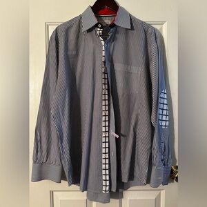 ALEX CANNON Blue White Stripe LG Button Down Contrast Cuffs Elbow Patches Cotton